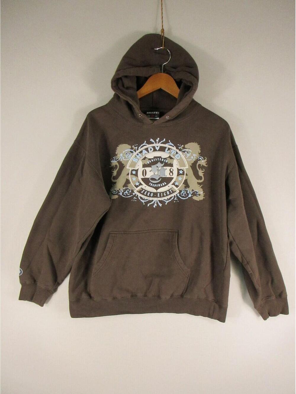 Shady Ltd Hoodie Mens L Brown Graphic Pullover Sweatshirt Kangaroo Pocket Fleece